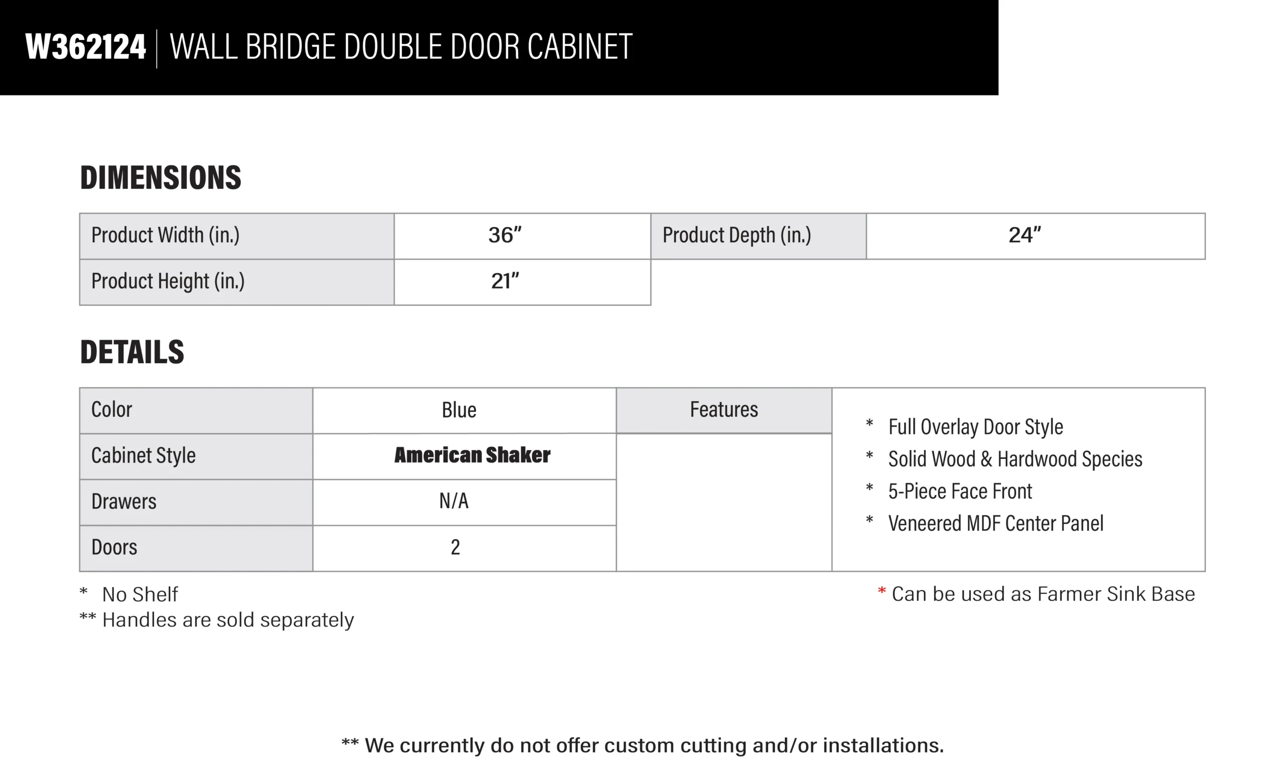 Royal Blue Shaker Wall Bridge Double Door Cabinet - 36" W x 21" H x 24" D SB W362124 Scaled